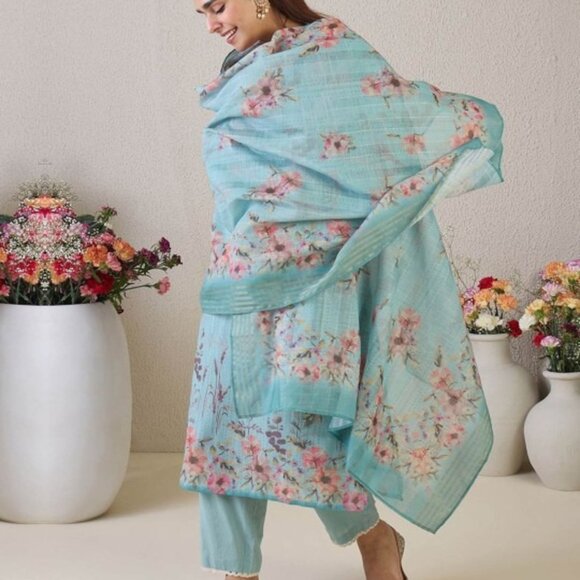 Sea Green Pink Coral Embroidered Kurta Set with Trousers & Dupatta - Picture 6 of 9